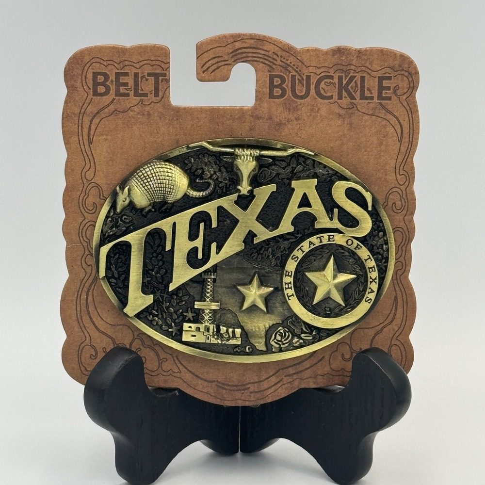 Texas Belt Buckle Antique Brass Style Longhorn Armadillo Western SKU 15012